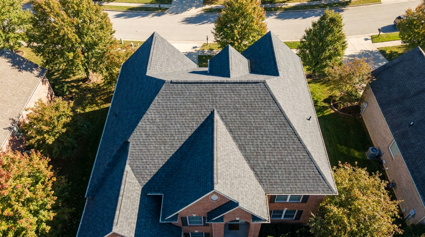Aerial view of a completed shingle roof