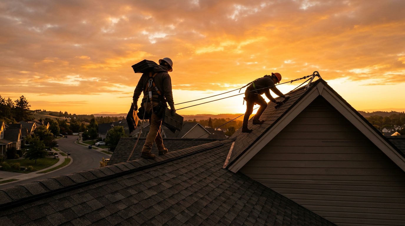 Roofing crew silhouetted on a ridge at sunrise