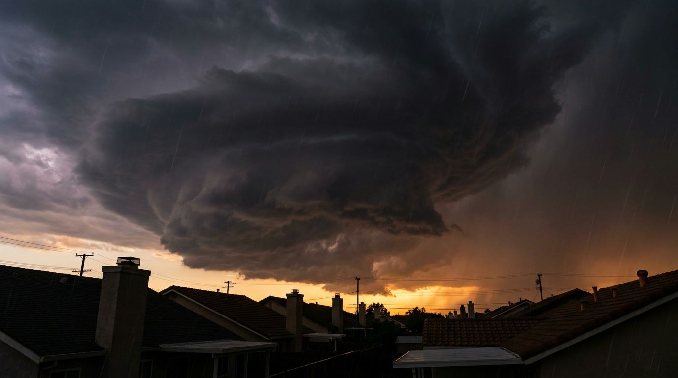 Storm clouds gathering over a suburban roofline